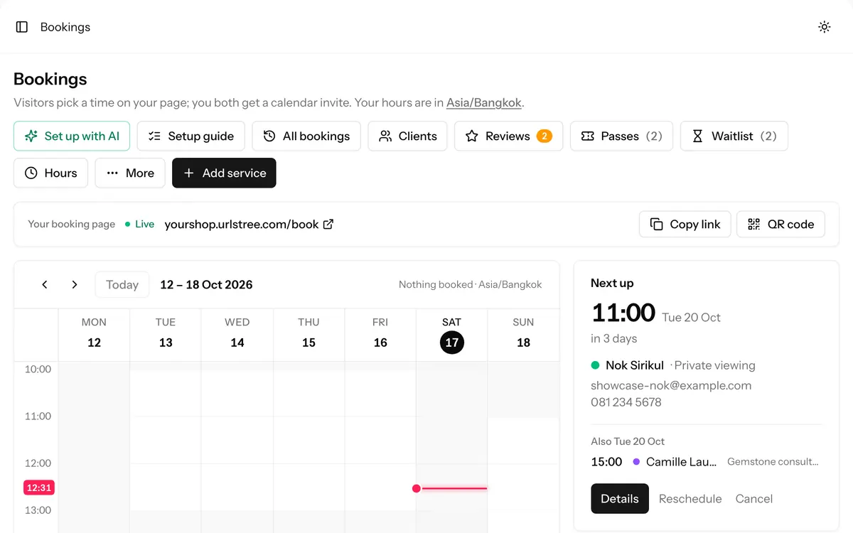 The Bookings screen: the week ahead, the next appointment and the booking page’s link
