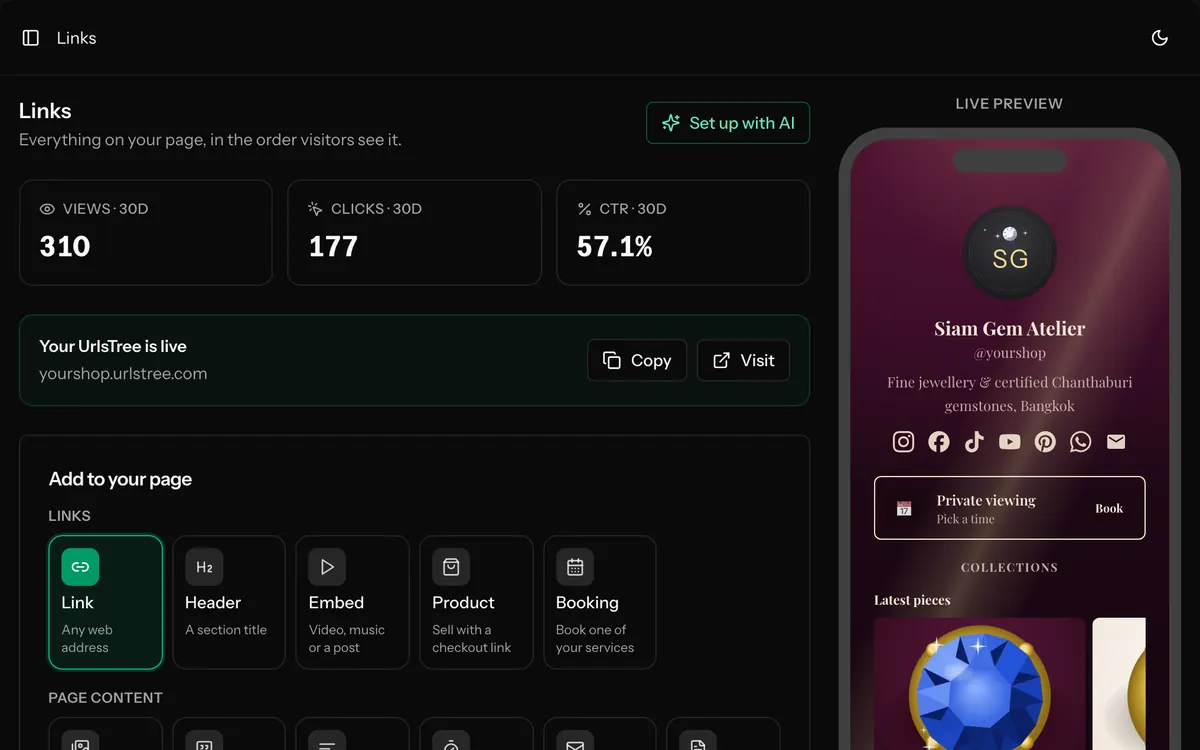 The Links screen: the blocks on a page, its views and clicks, and a live preview of the page