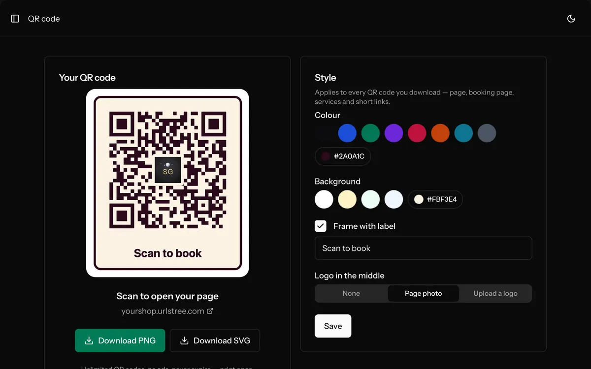The QR code screen of the dashboard: a framed QR code that says “Scan to book”, download buttons for PNG and SVG, and the colour, background, frame and logo settings.