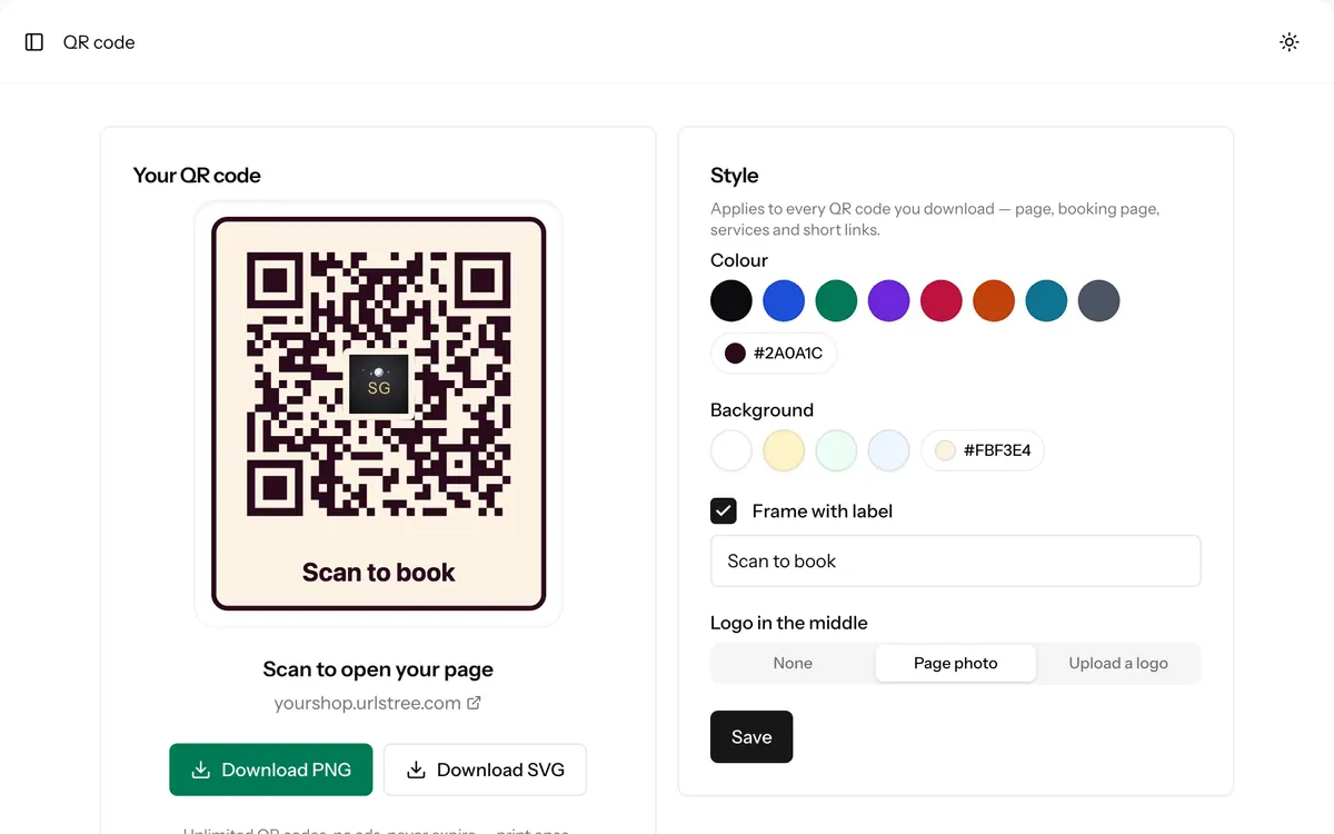 The QR code screen of the dashboard: a framed QR code that says “Scan to book”, download buttons for PNG and SVG, and the colour, background, frame and logo settings.