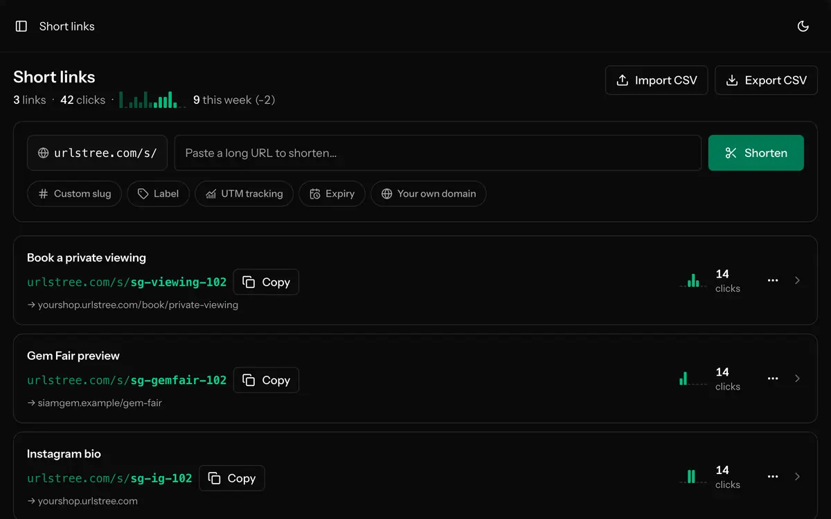 The Short links screen of the dashboard: a box to shorten a URL with custom slug, UTM and expiry options, and each short link with its destination and clicks.