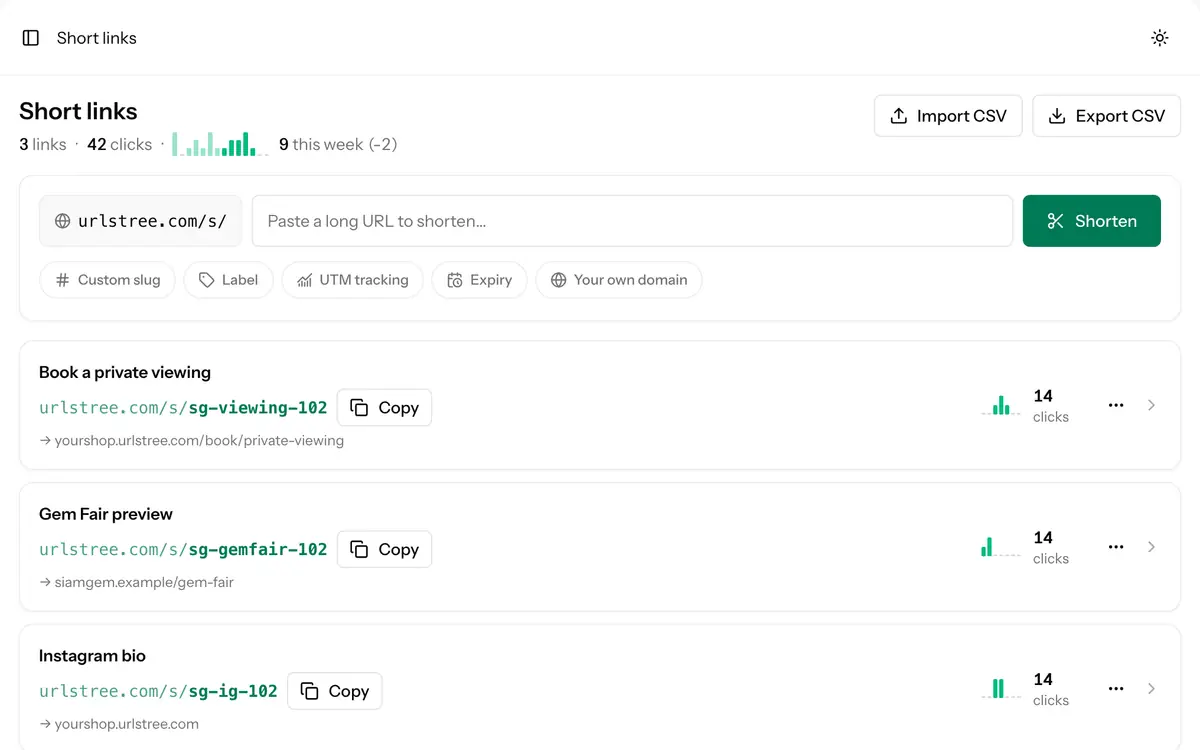 The Short links screen of the dashboard: a box to shorten a URL with custom slug, UTM and expiry options, and each short link with its destination and clicks.